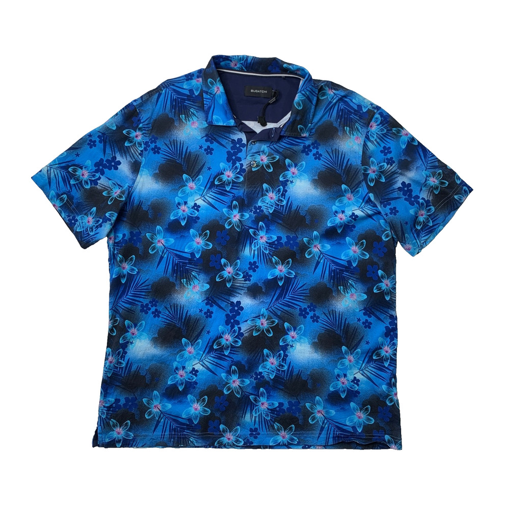 BUGATCHI Shirt Men XL Extra Large Classic Blue Hendrix Tropical Floral Polo LOGO